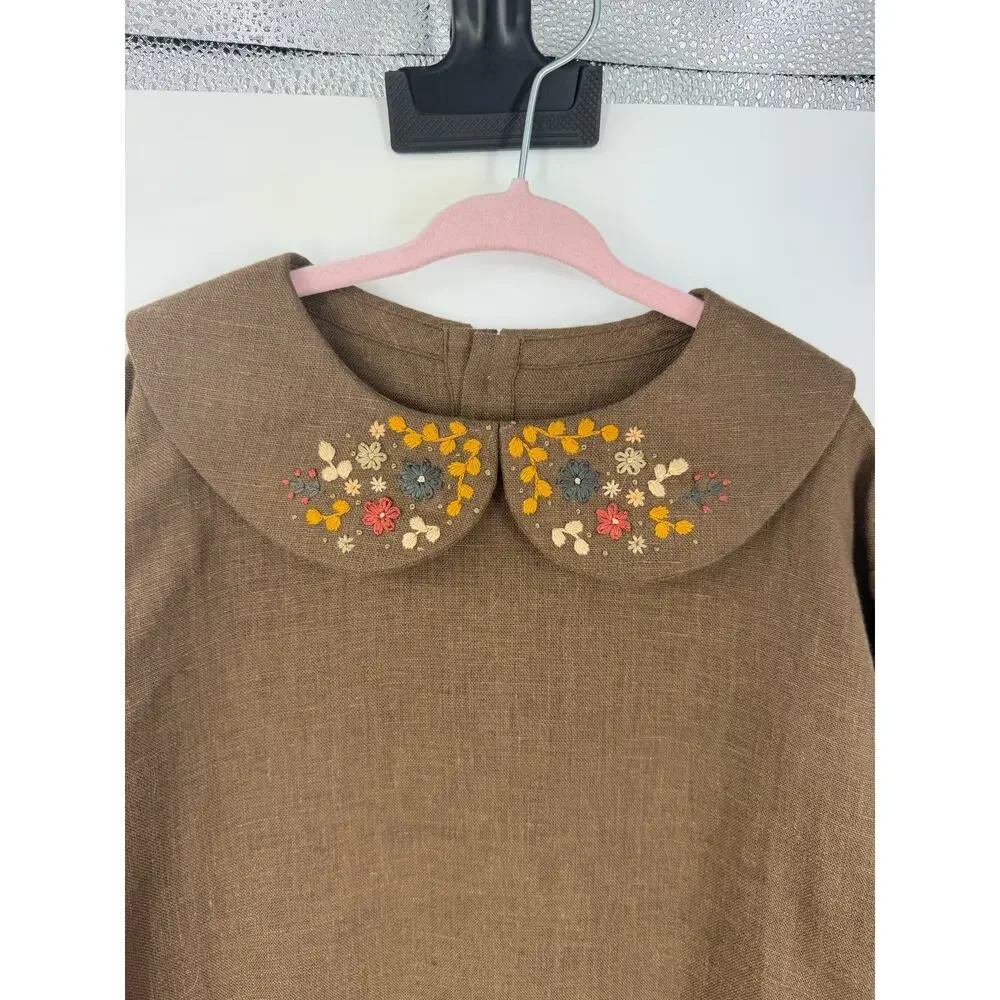 Hand Made 100% Linen Girls 7/8yo Boho Dress Embroidered Long Sleeve Cottagecore